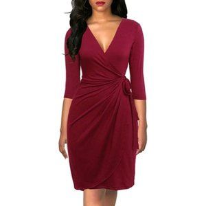 BERYDRESS Burgundy Wrap, V-Neck, 3/4 Sleeve Cocktail Party Dress